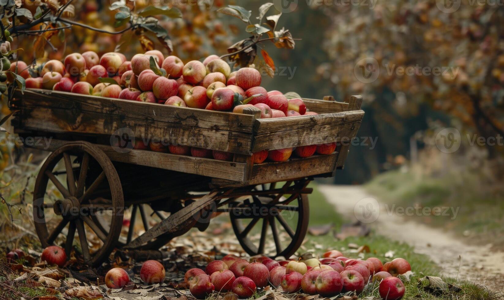 Vintage wooden cart filled with various apples by the roadside photo