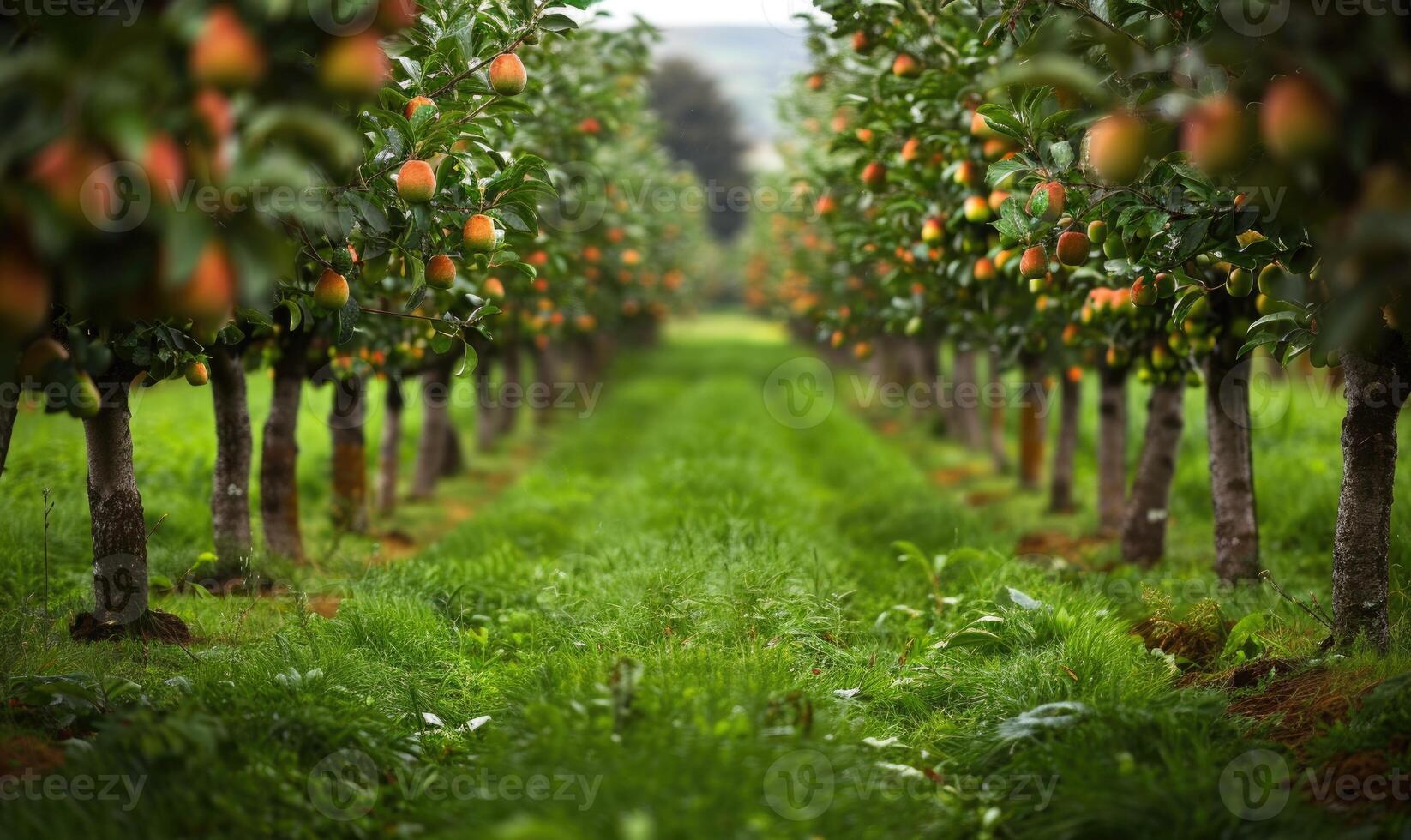 Rows of pear trees in an orchard photo
