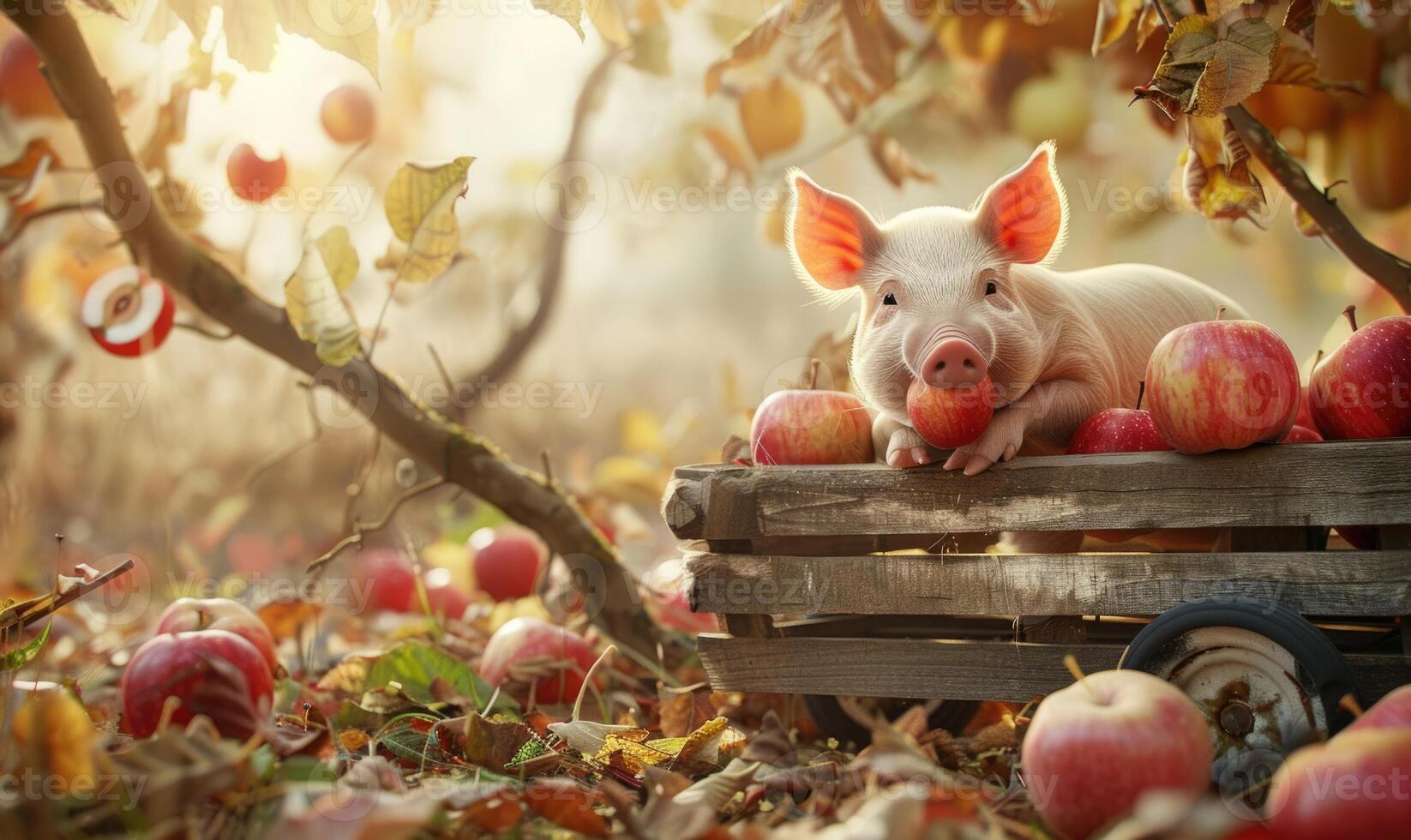 Piglet biting into an apple under a tree photo