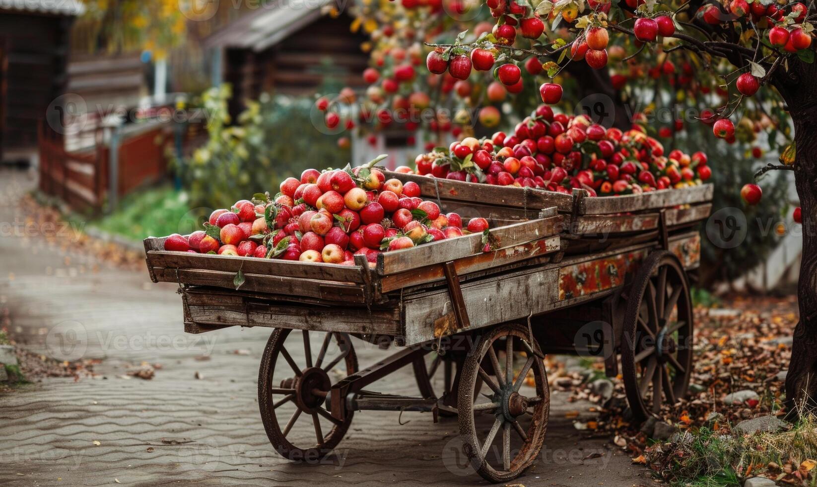 Vintage wooden cart filled with various apples by the roadside photo