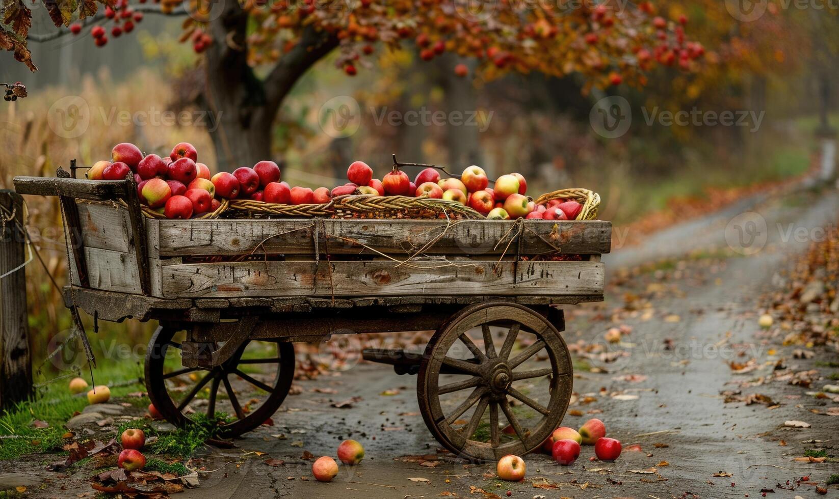 Vintage wooden cart filled with various apples by the roadside photo