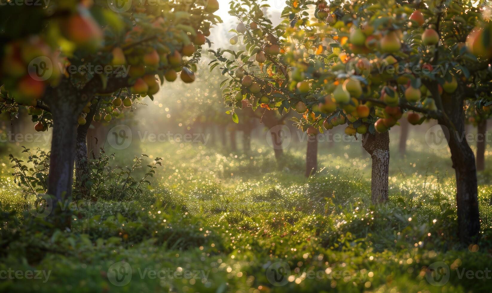 Orchard with pear trees and ripe pears photo