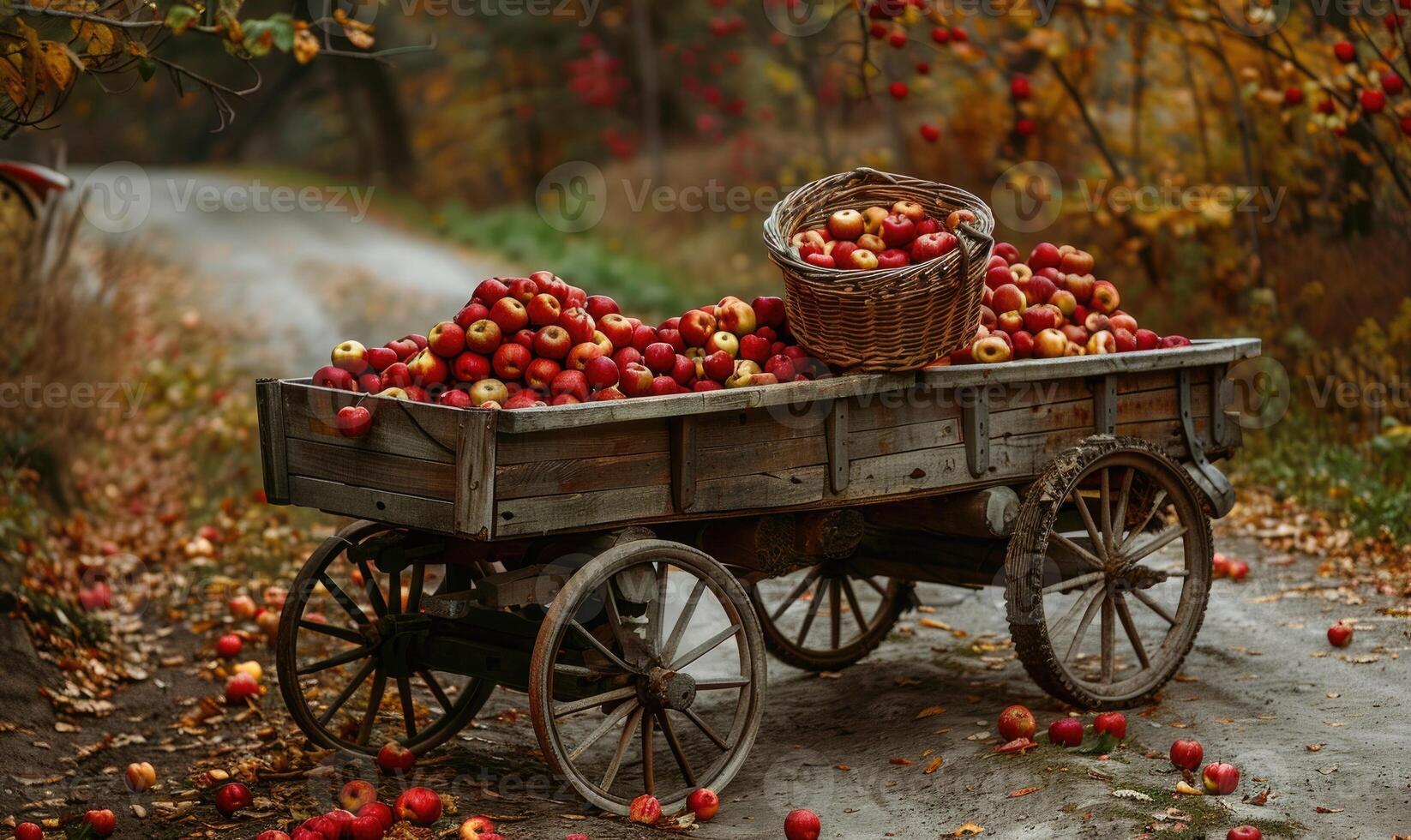 Vintage wooden cart filled with various apples by the roadside photo