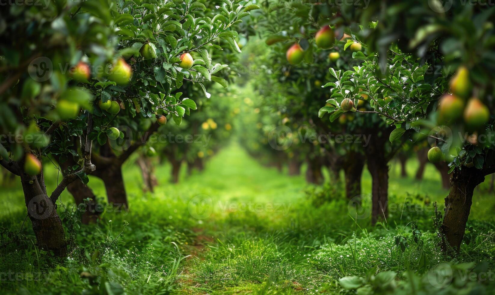 Pear orchard with a path through the trees photo