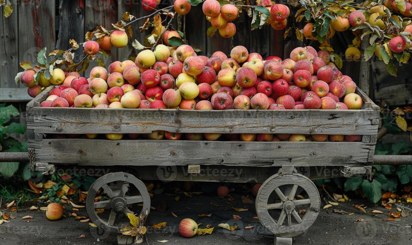 Vintage wooden cart filled with various apples by the roadside photo