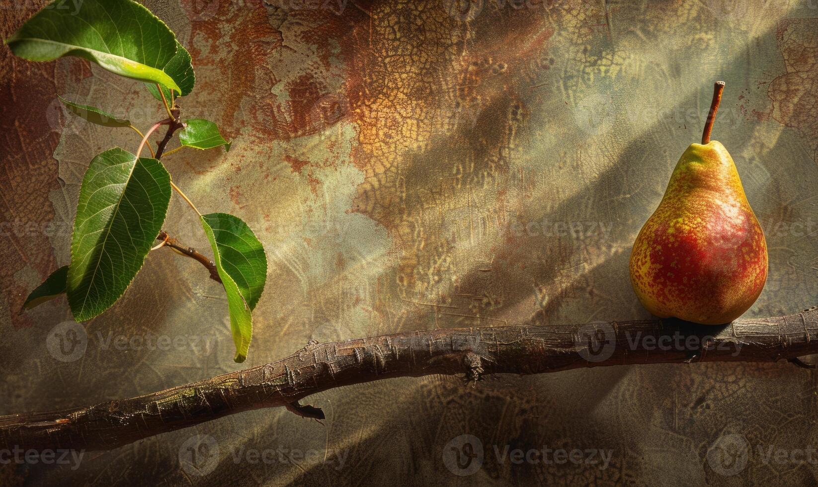 Pear on a branch with delicate sun rays photo