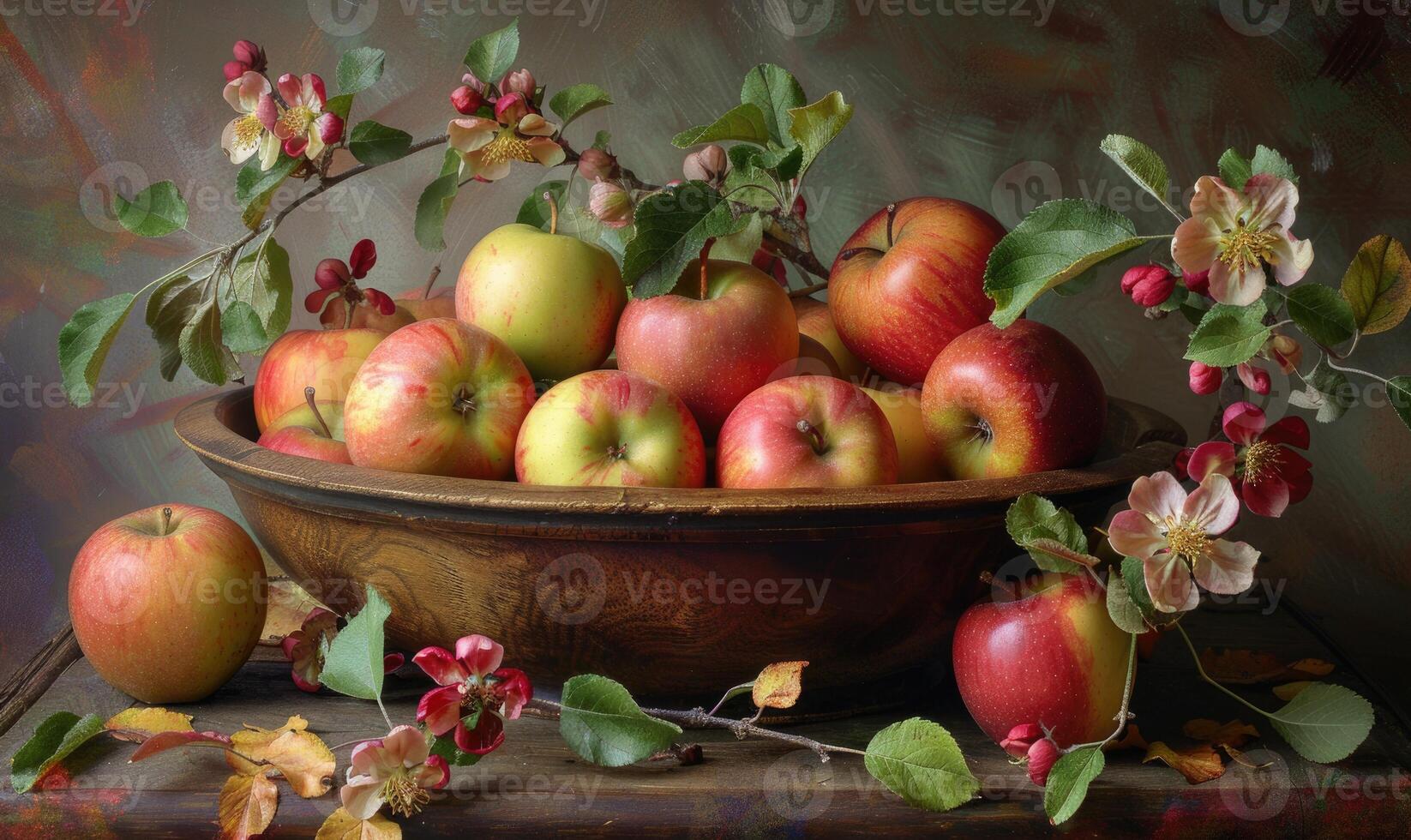 Rustic wooden bowl filled with various autumn apples photo