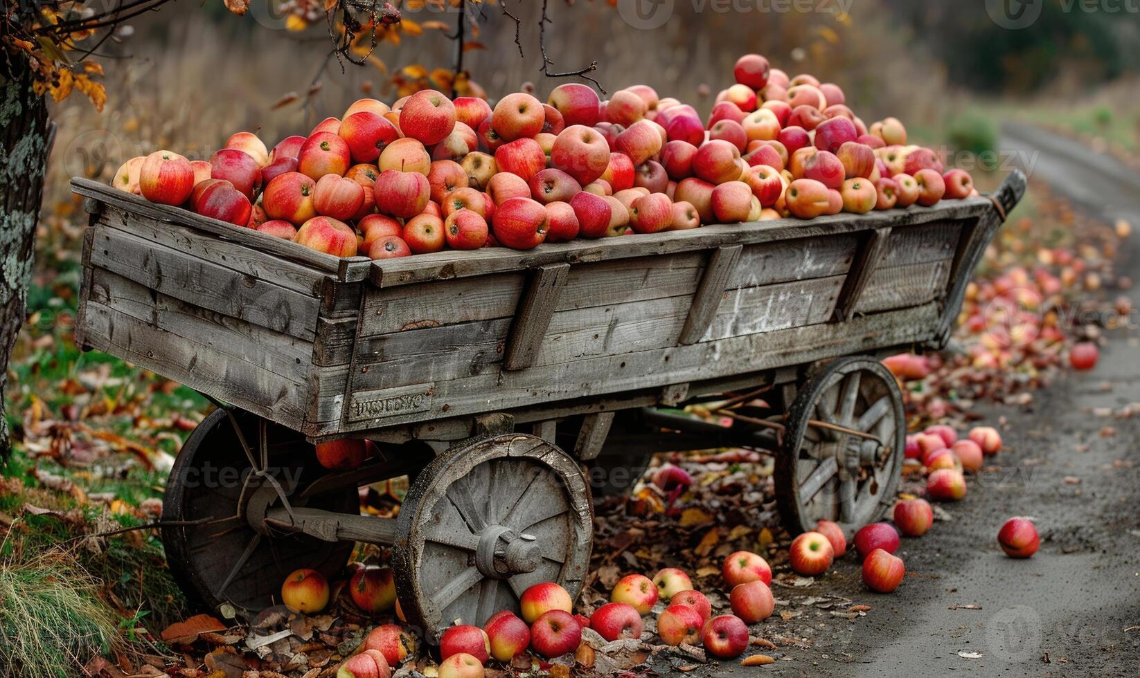 Vintage wooden cart filled with various apples by the roadside photo