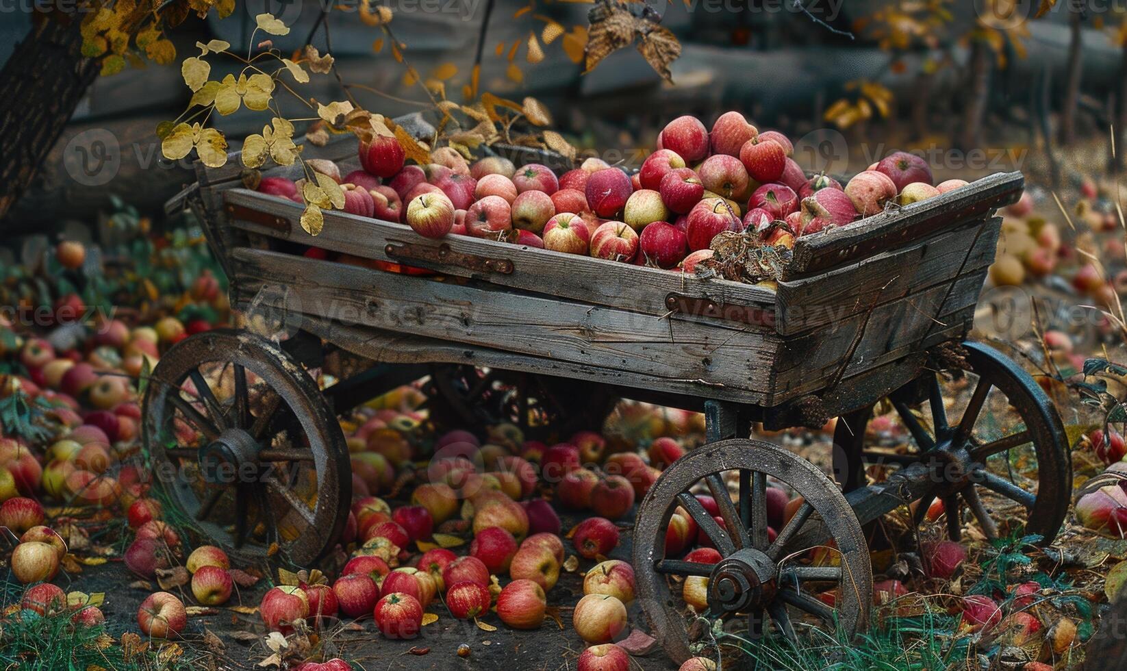 Vintage wooden cart filled with various apples by the roadside photo
