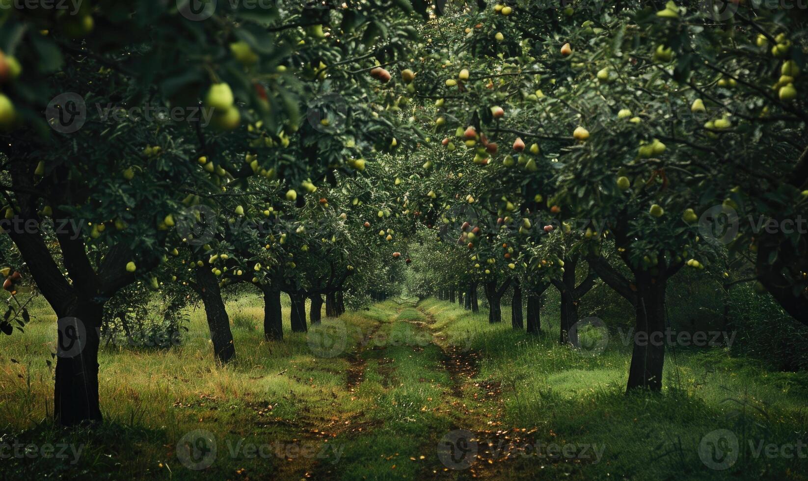 Pear orchard with a path through the trees photo