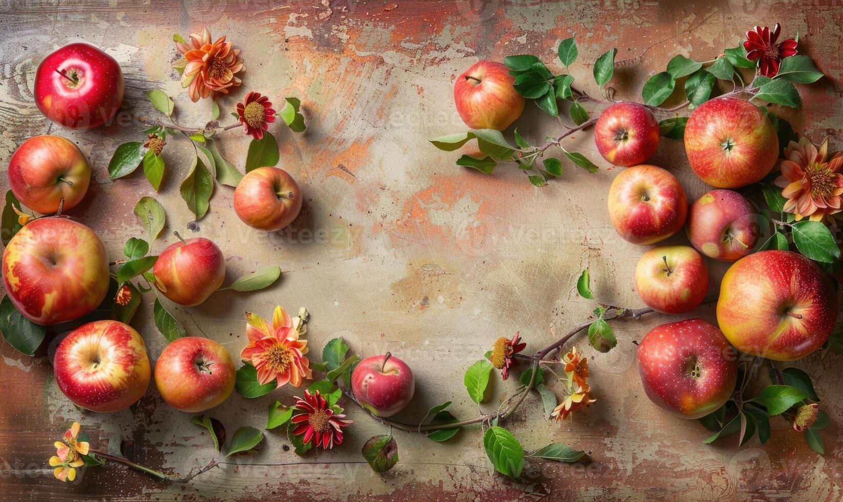 Top view of a rustic wooden table with various autumn apple varieties photo