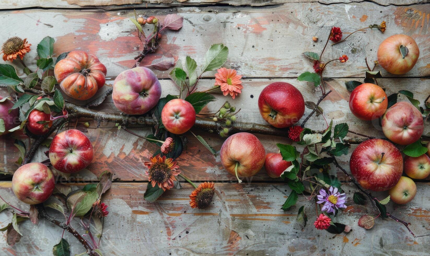 Top view of a rustic wooden table with various autumn apple varieties photo