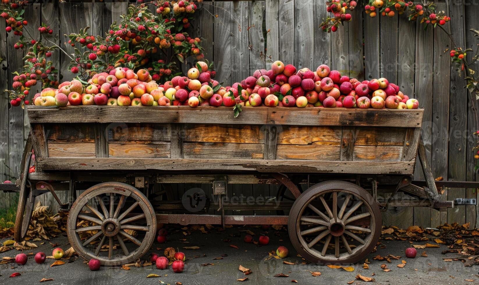 Vintage wooden cart filled with various apples by the roadside photo