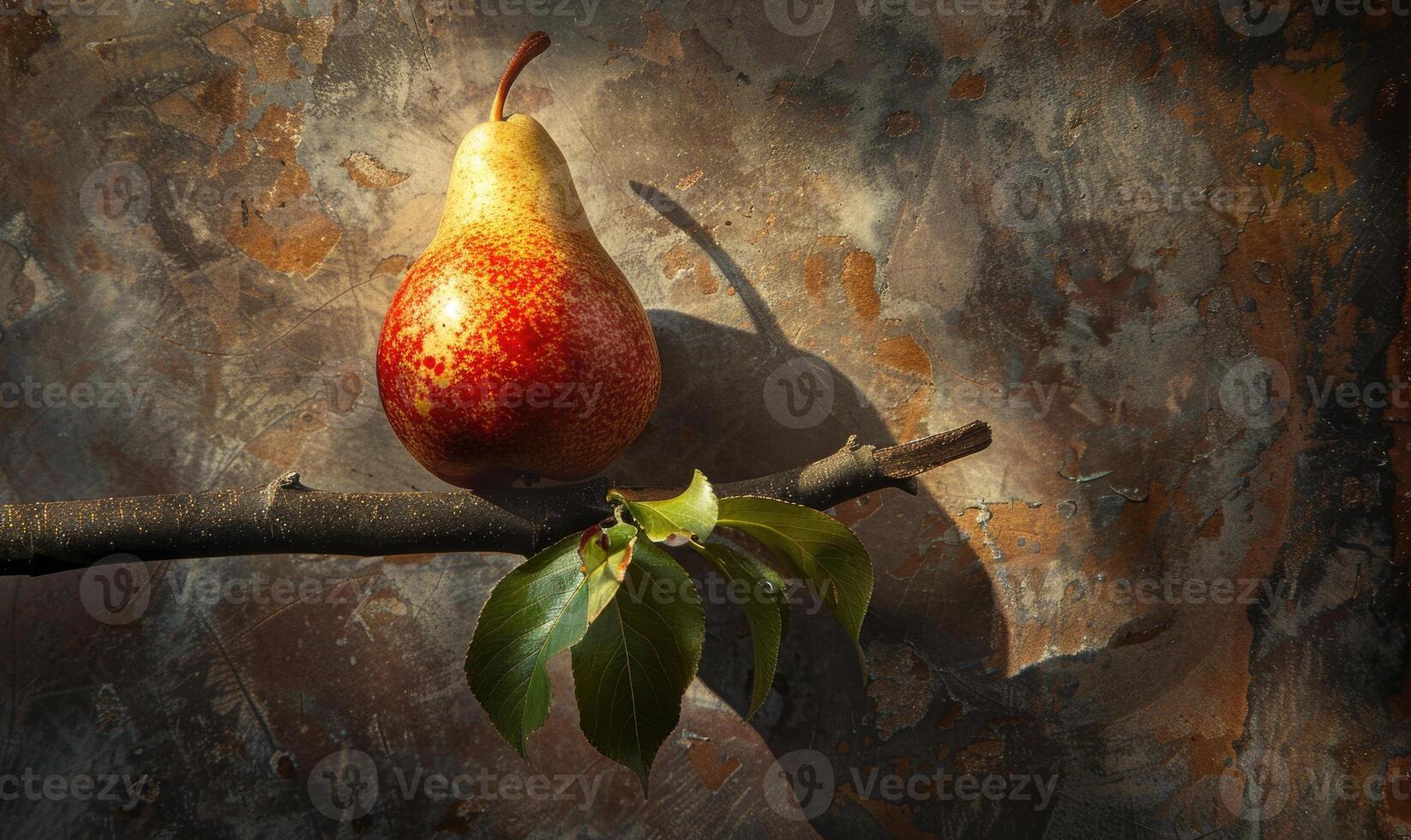 Pear on a branch with delicate sun rays photo
