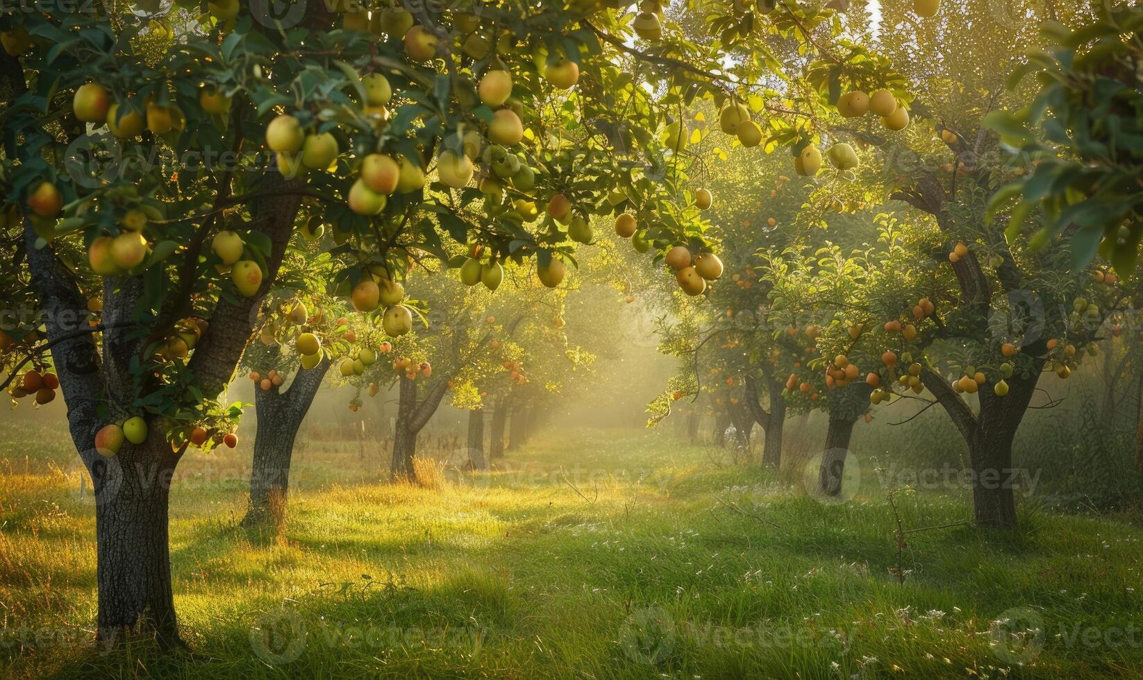 Orchard with pear trees and ripe pears photo