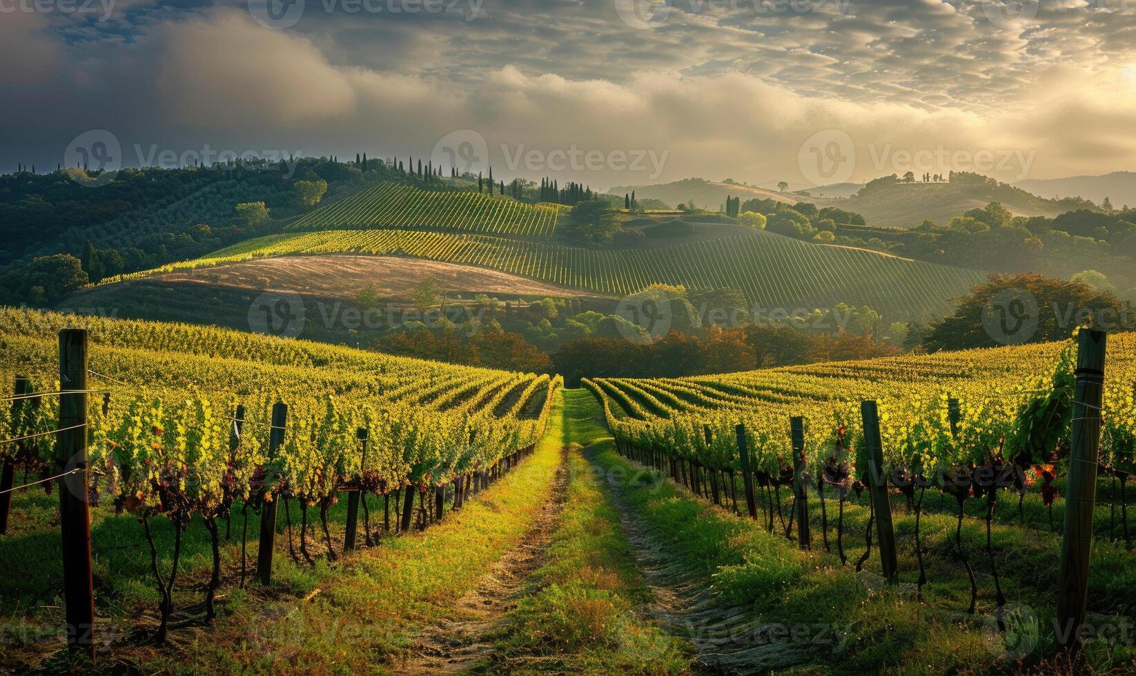 Vineyard with lush green grapevines and a mountain backdrop photo