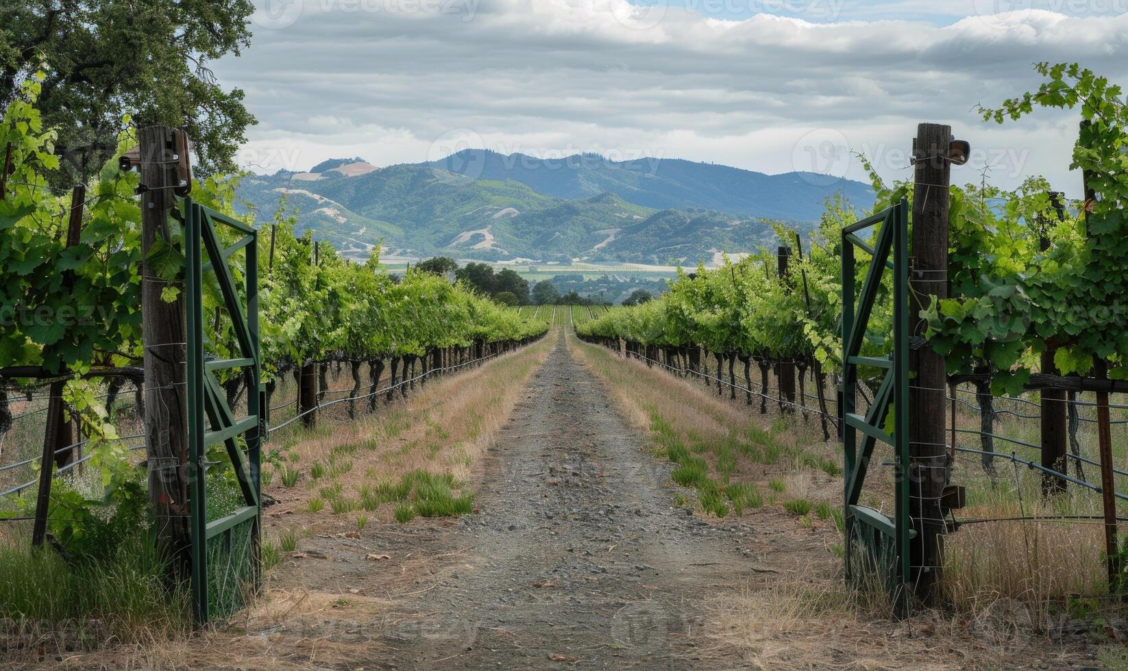 Vineyard with grapevines and a vineyard gate photo
