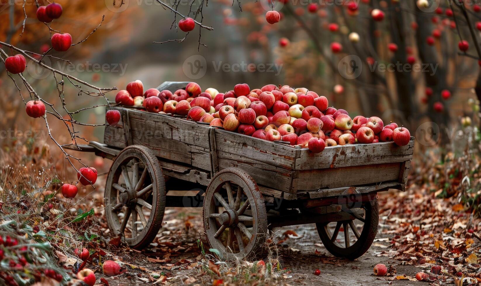 Vintage wooden cart filled with various apples by the roadside photo