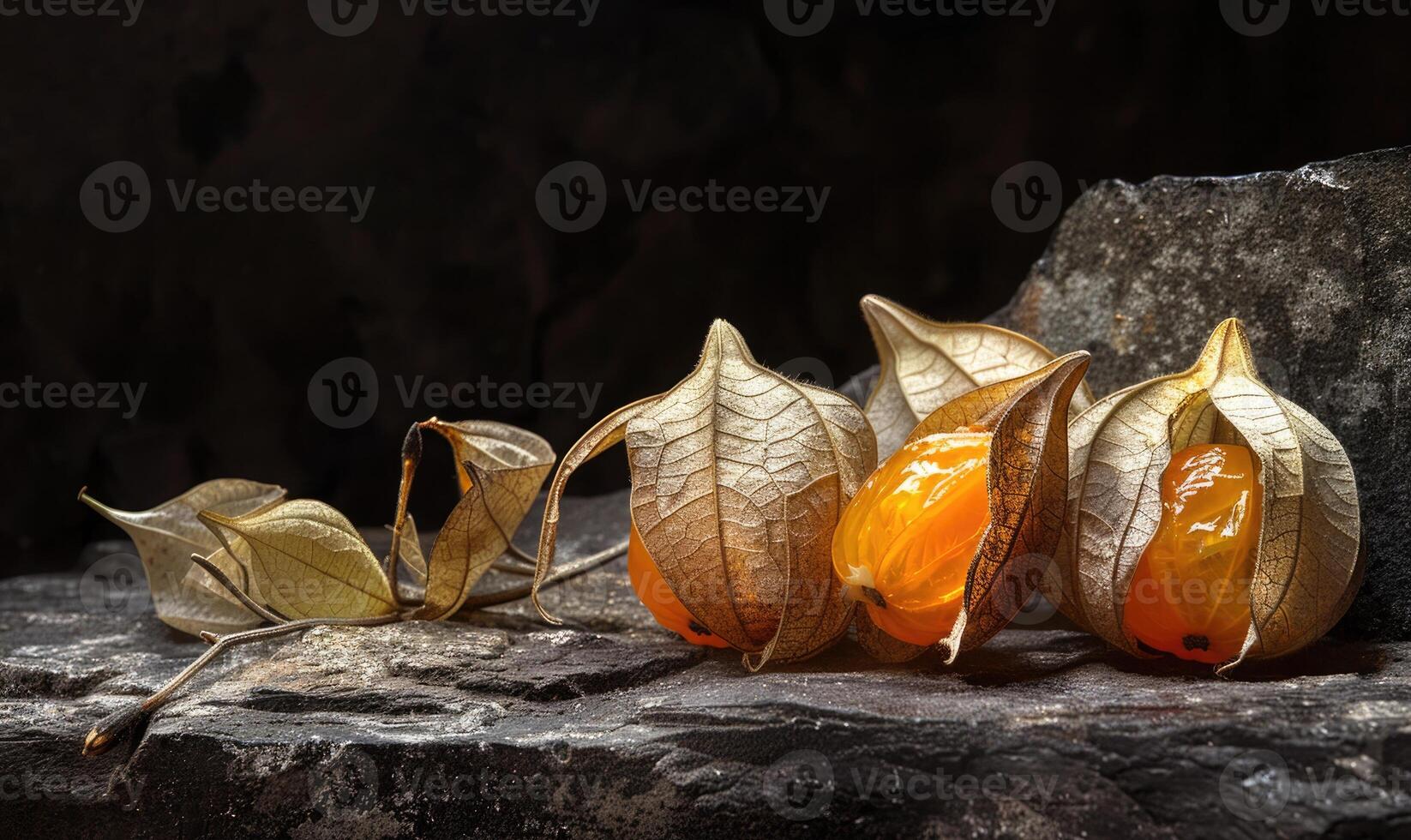 A few physalis fruits with their husks partially open photo