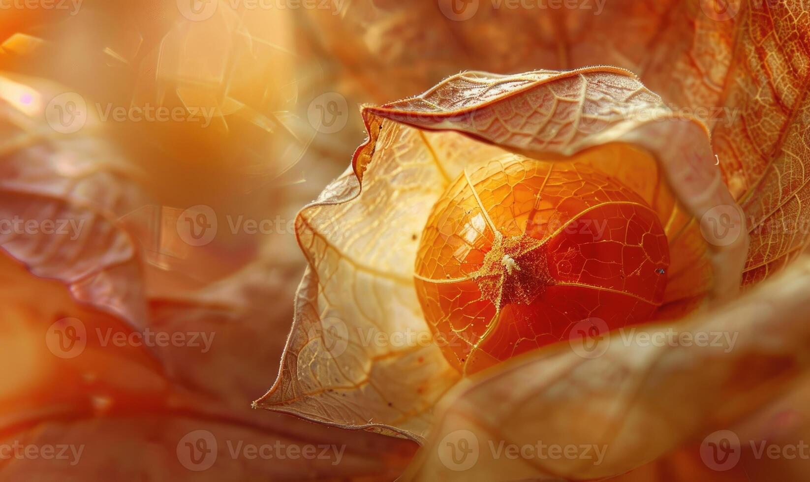 A macro image of physalis with a focus on the fruit inside the husk photo