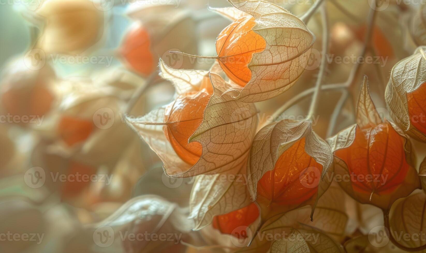 A macro image of physalis with a focus on the fruit inside the husk photo