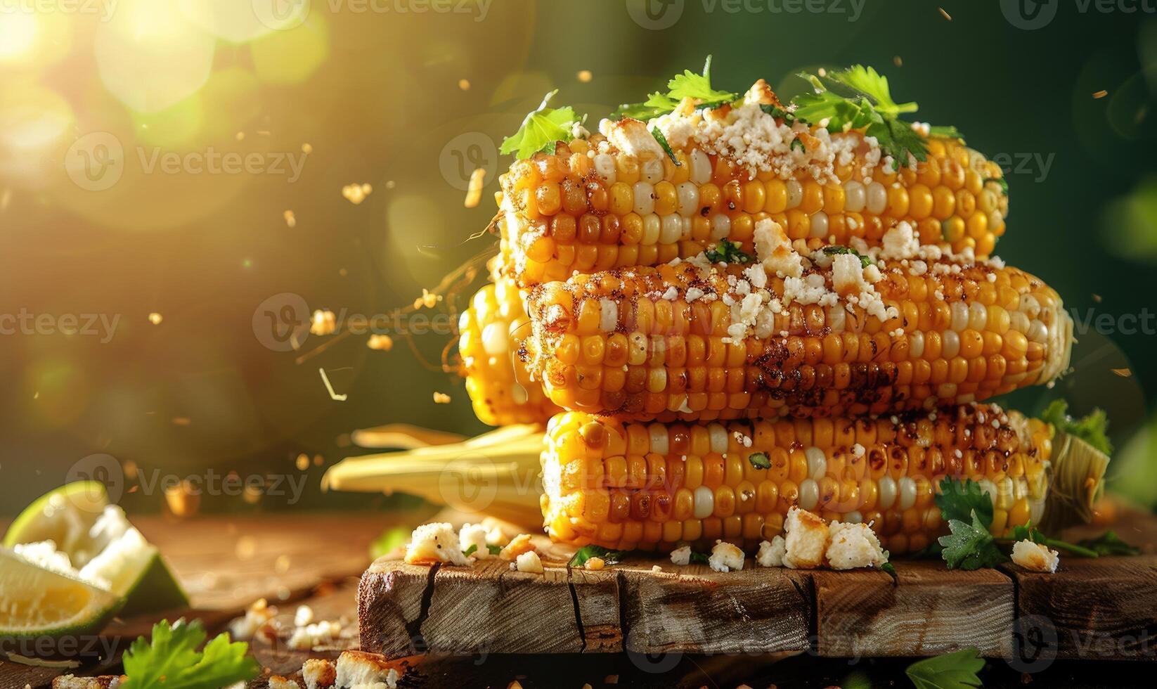 A stack of roasted corn on the cob, topped with crumbled cheese and cilantro photo