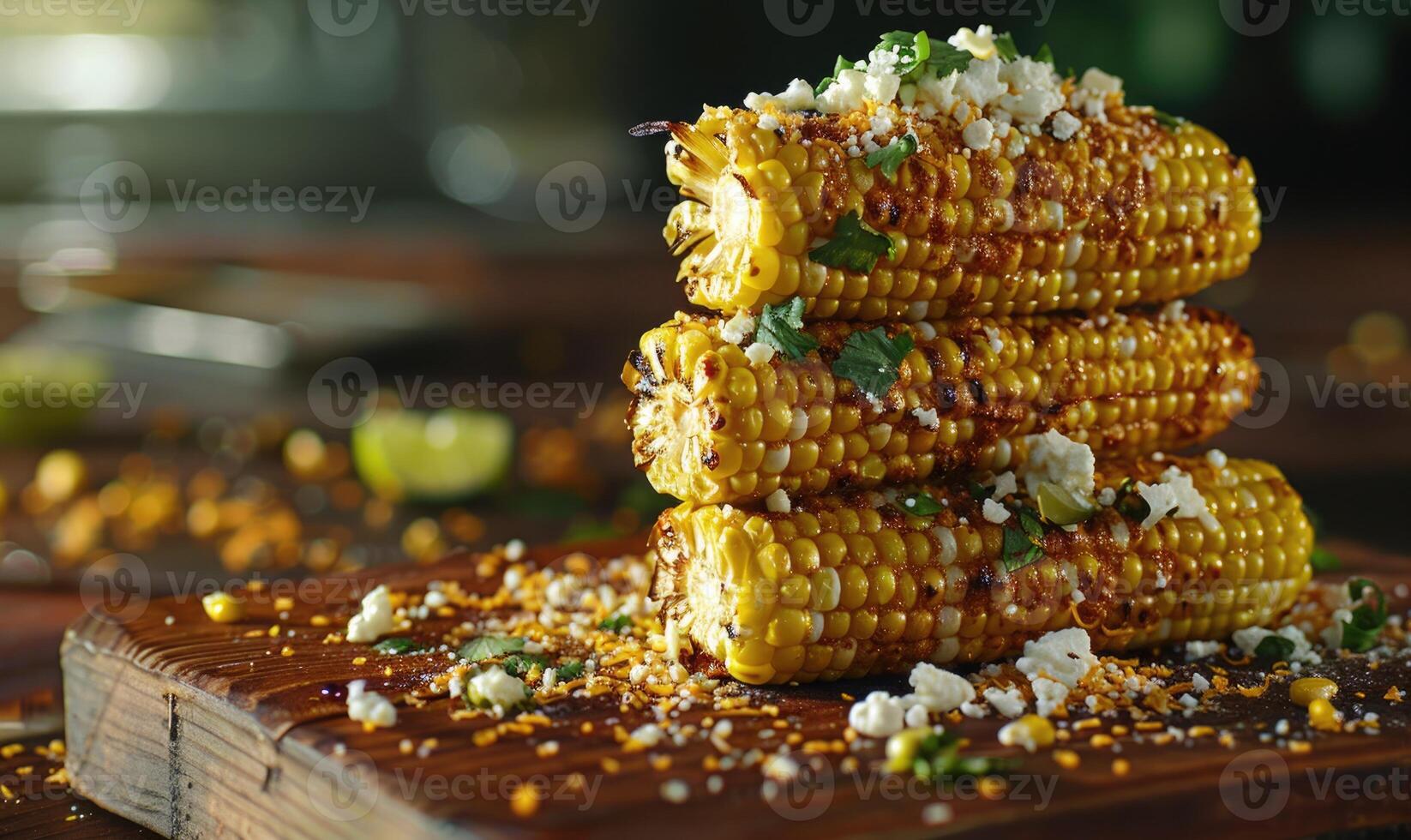 A stack of roasted corn on the cob, topped with crumbled cheese and cilantro photo