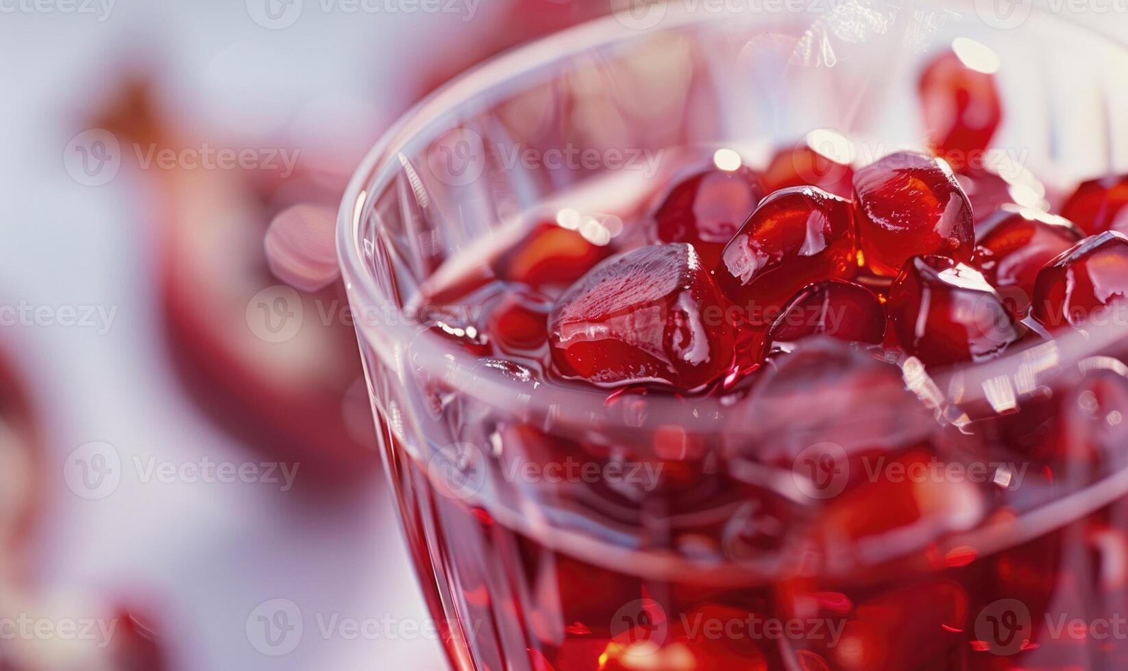 Close-up of a glass of pomegranate juice with a dish of pomegranate seeds photo