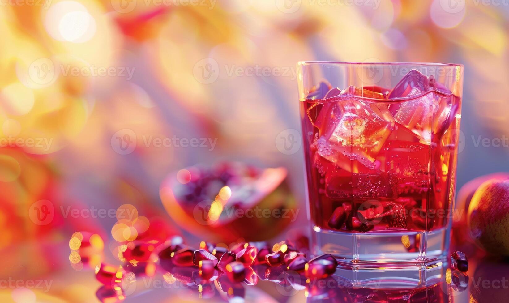 Close-up of a glass of pomegranate juice with a dish of pomegranate seeds photo