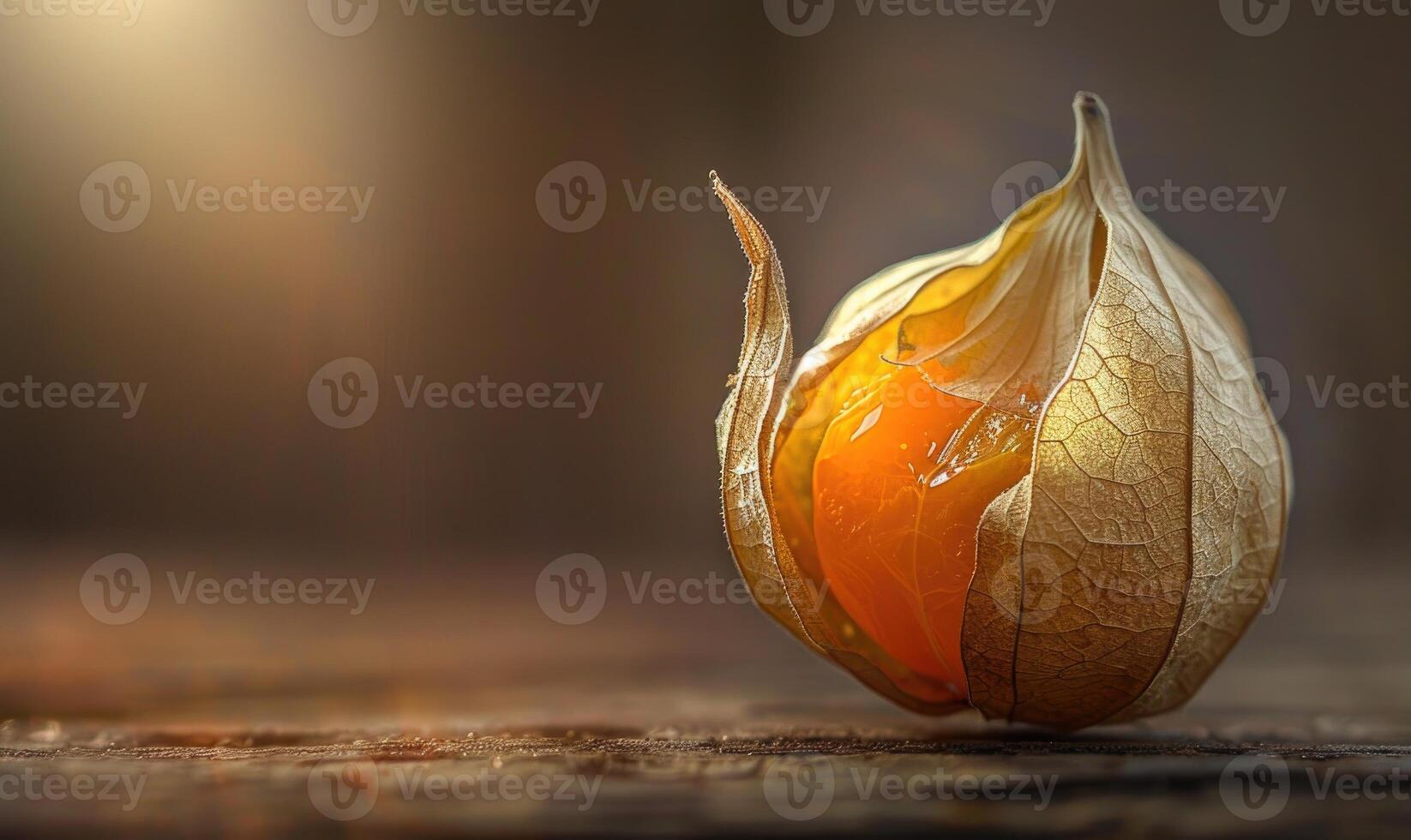 Close-up of a single physalis fruit with a broken husk photo