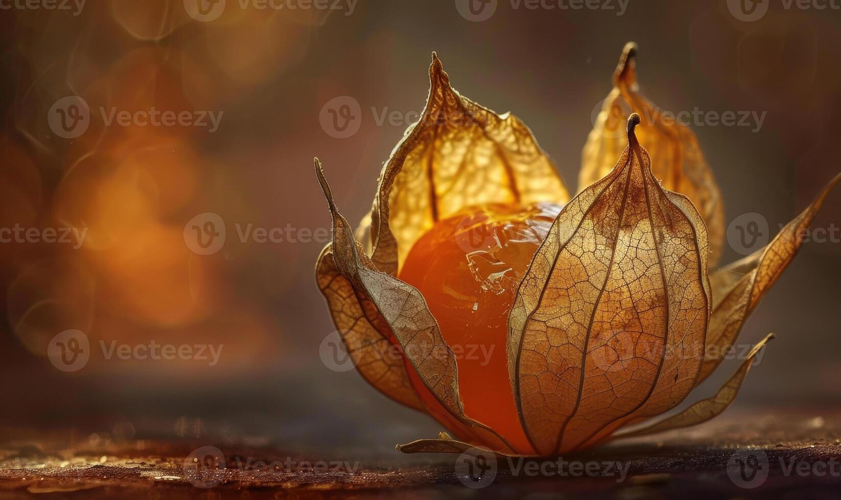 Close-up of a single physalis fruit with a broken husk photo