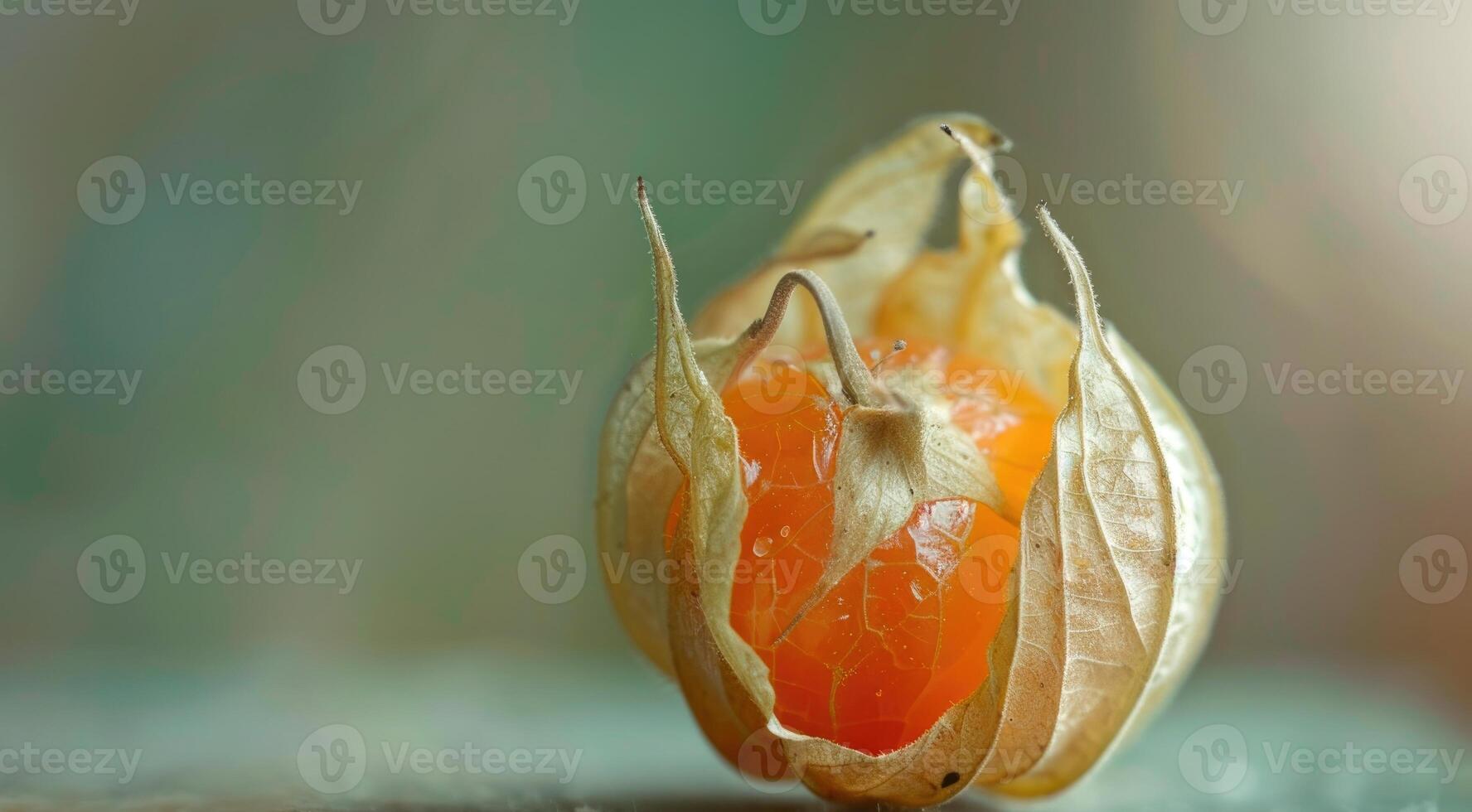 Close-up of a single physalis fruit with a broken husk photo