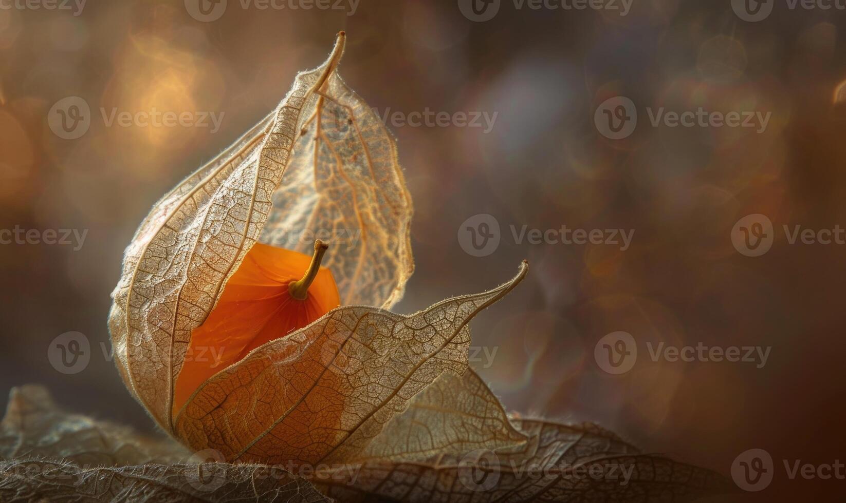 Close-up of a single physalis fruit with a broken husk photo