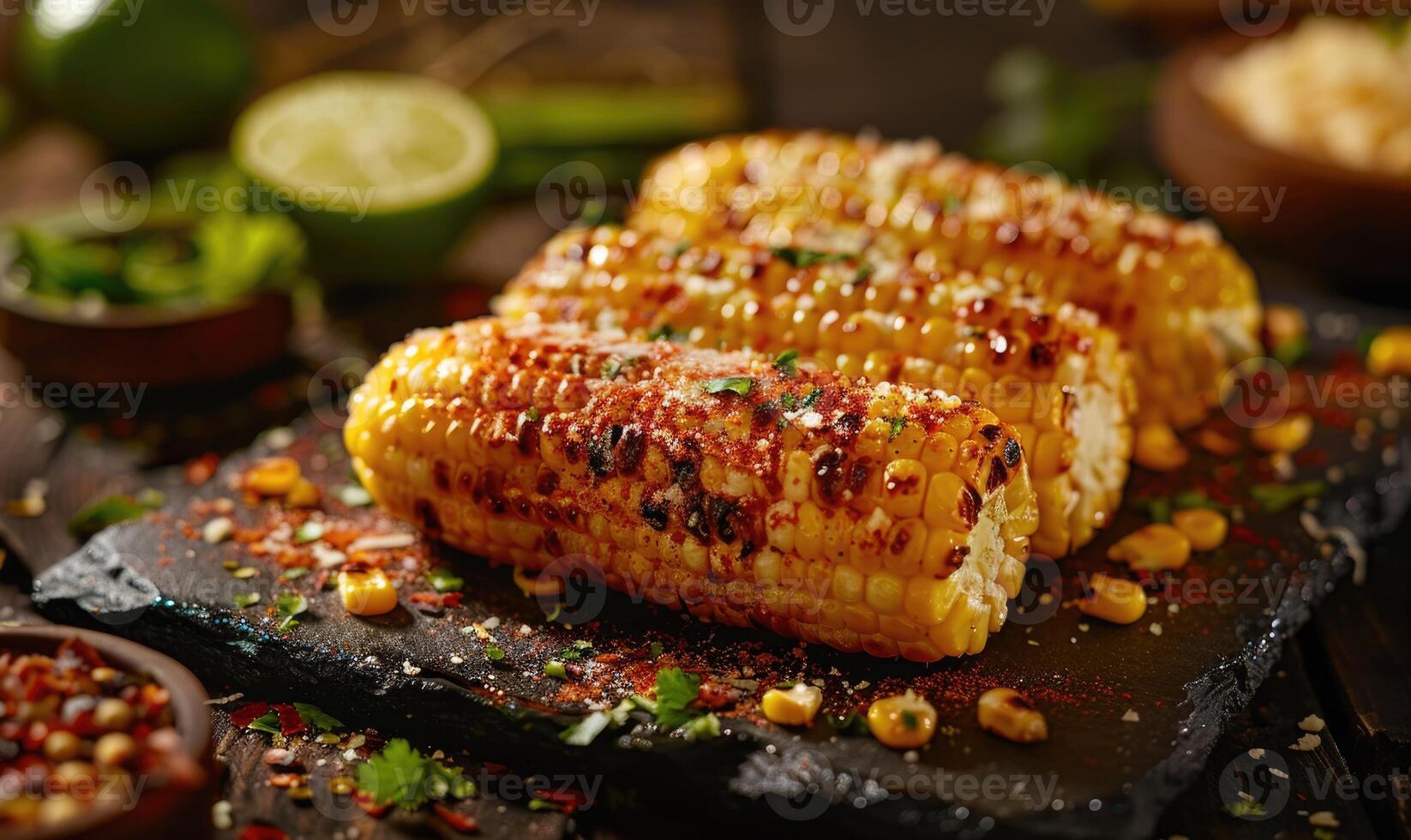 Close-up of roasted corn on the cob, with grill marks and a sprinkle of smoked paprika photo