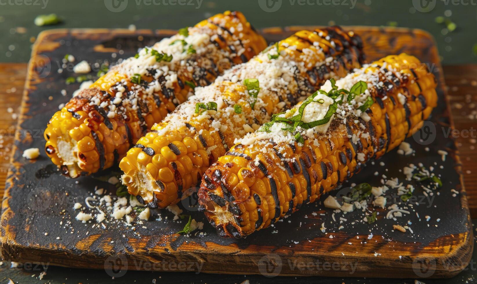Close-up of roasted corn on the cob, with grill marks and a sprinkle of smoked paprika photo