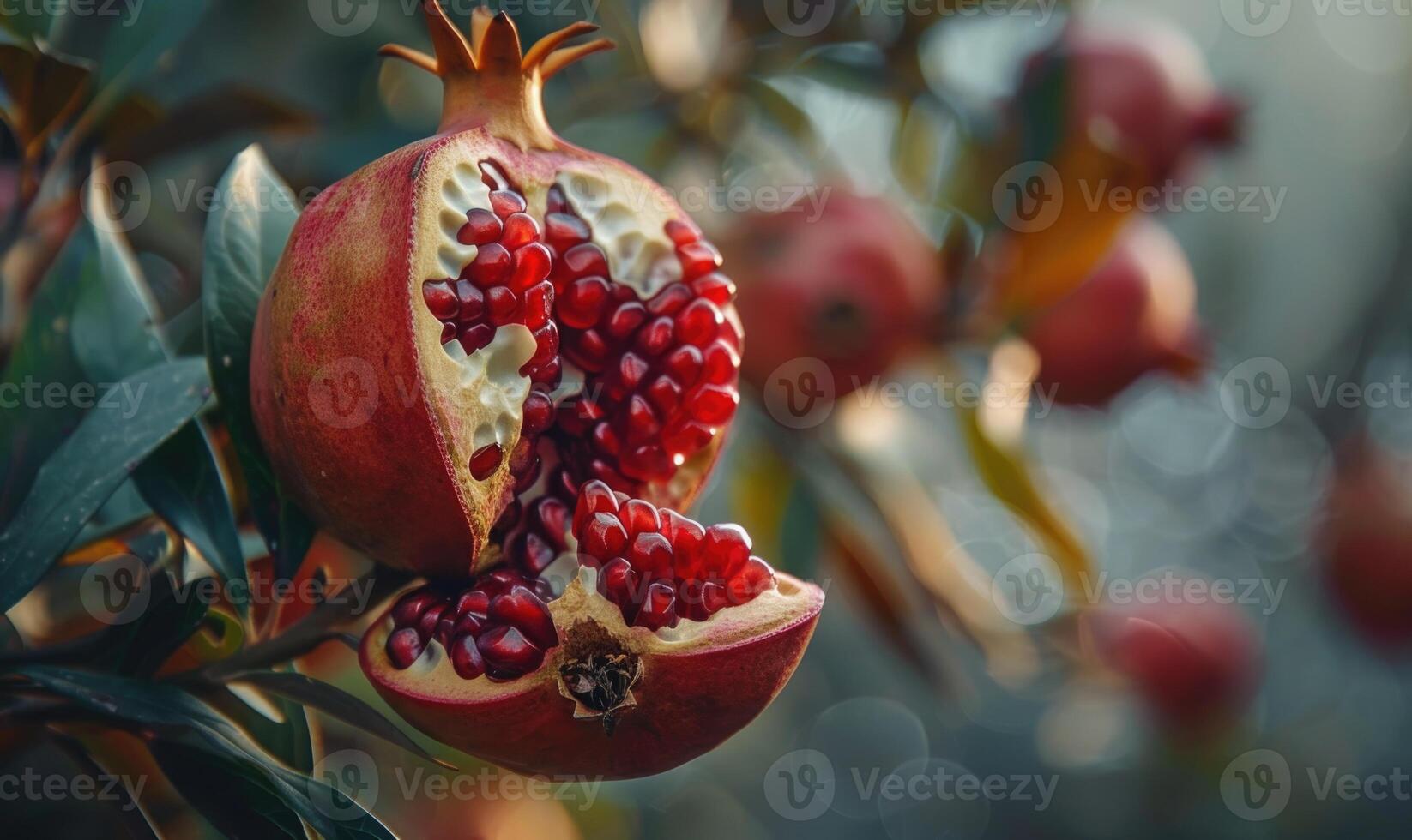 Detailed close-up of a pomegranate split open on the tree photo