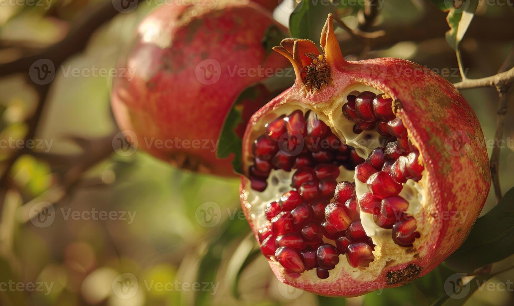 Detailed close-up of a pomegranate split open on the tree photo