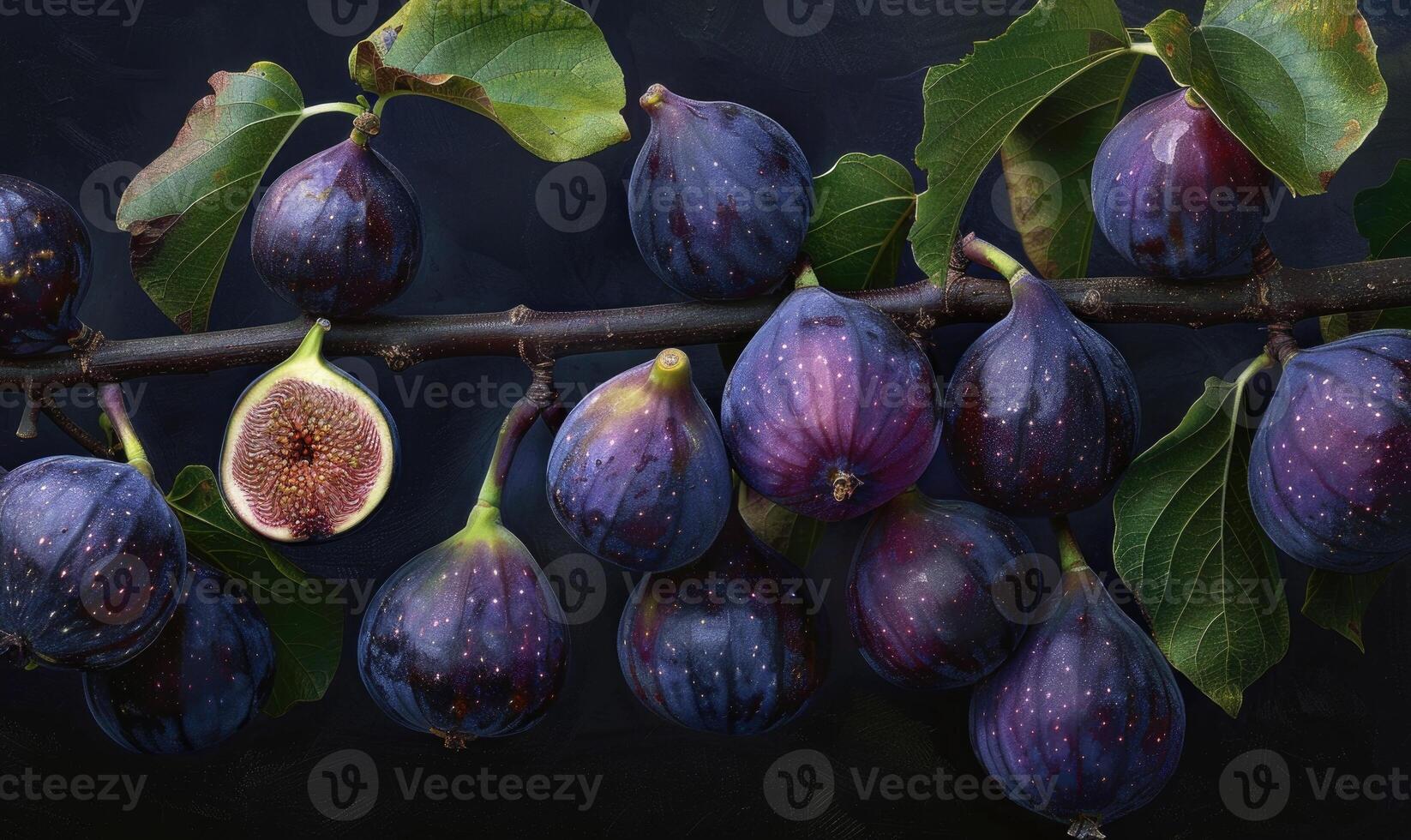 Close-up shot of figs hanging from a branch photo