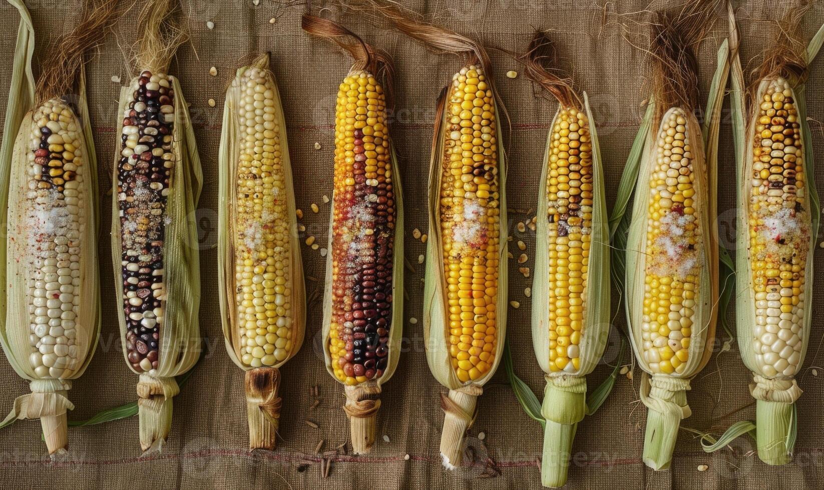 A row of roasted corn on the cob photo