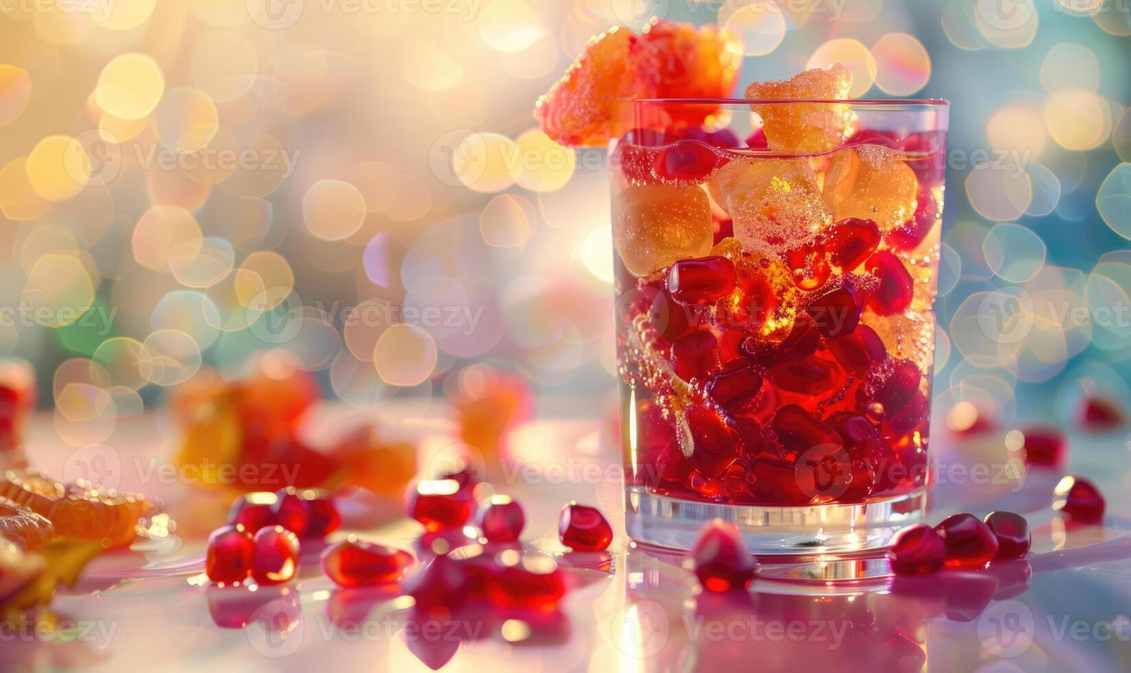 Glass of pomegranate juice with a selection of pomegranate candies photo