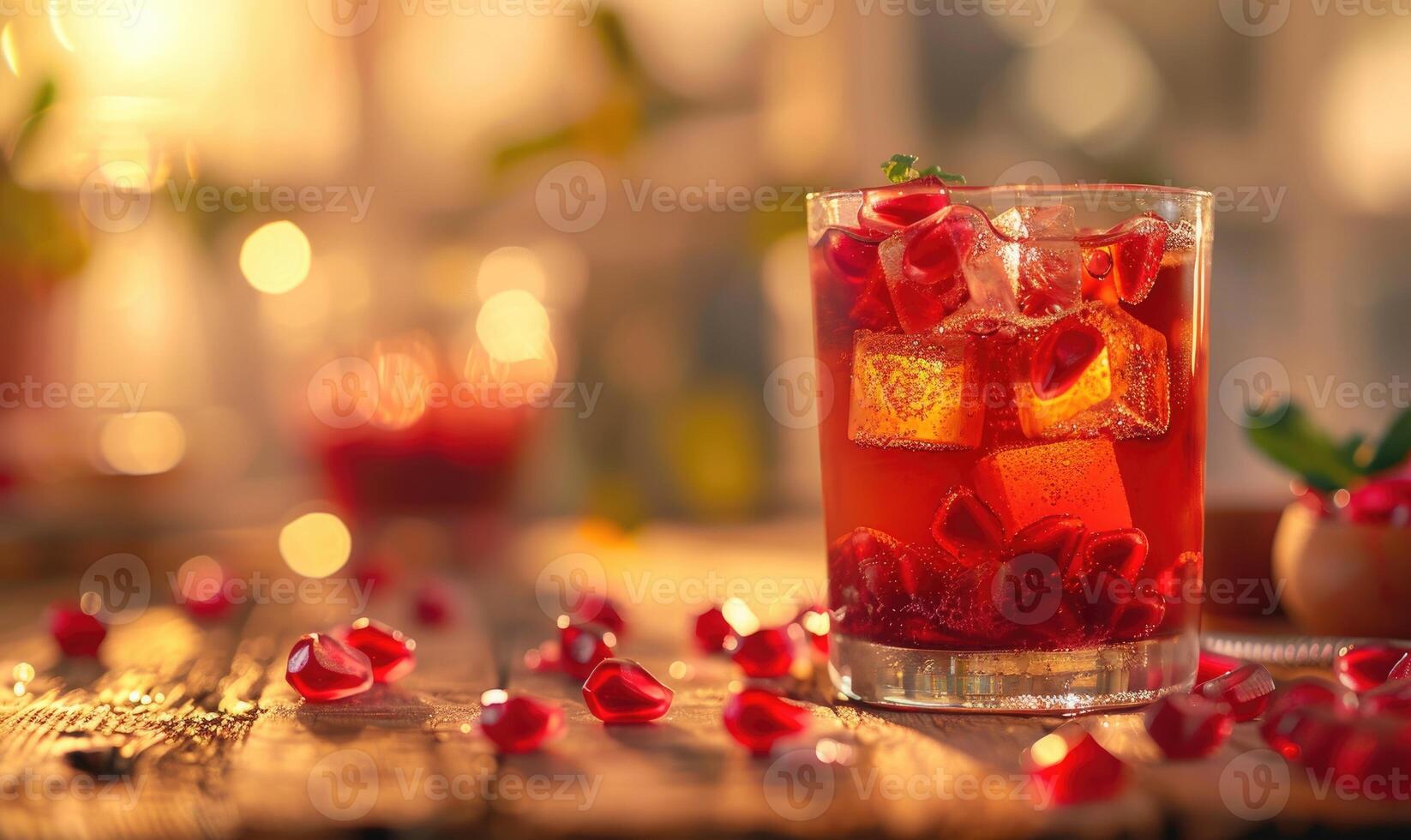 Glass of pomegranate juice with a selection of pomegranate candies photo