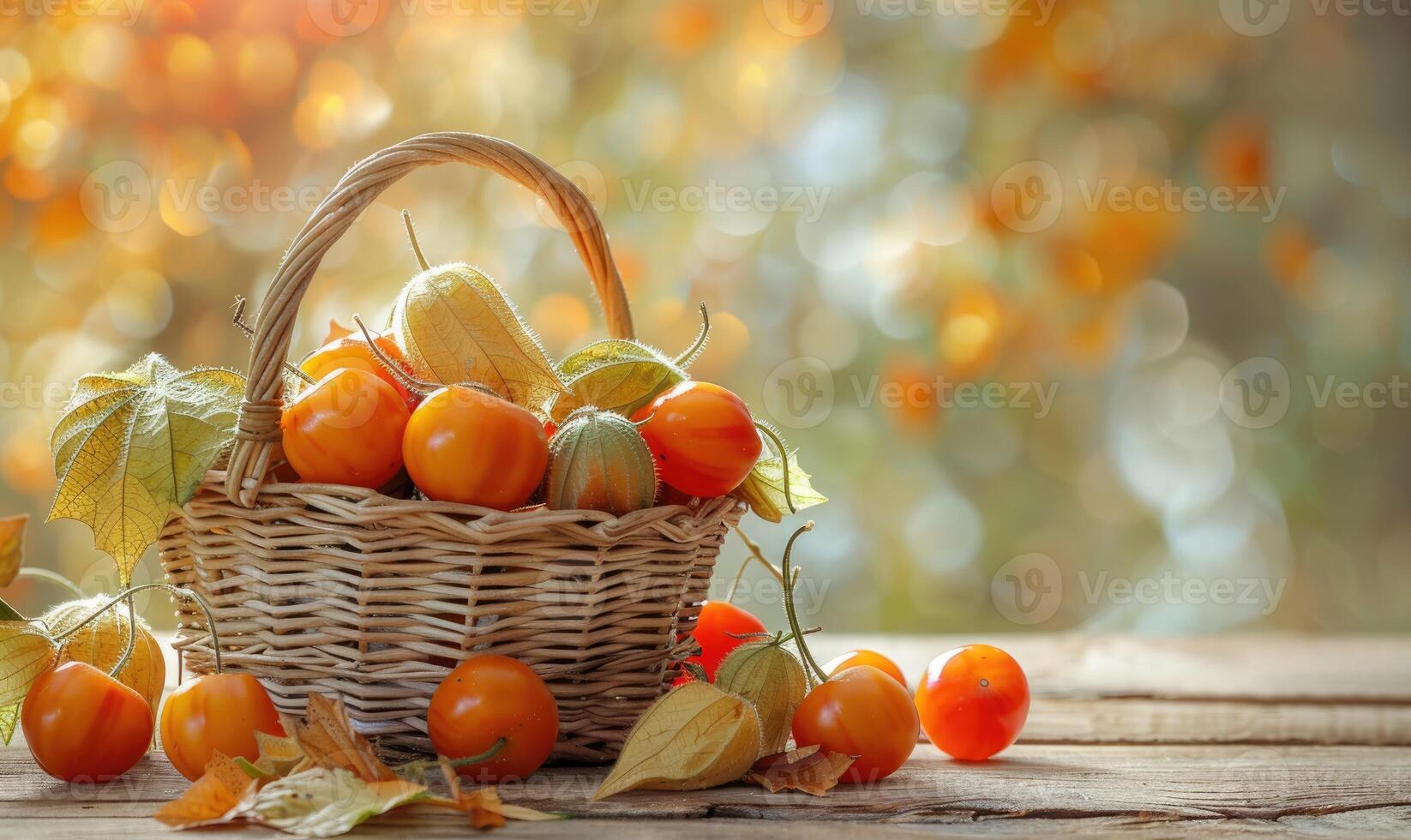 Physalis in a wicker basket, with a few fruits spilling out photo