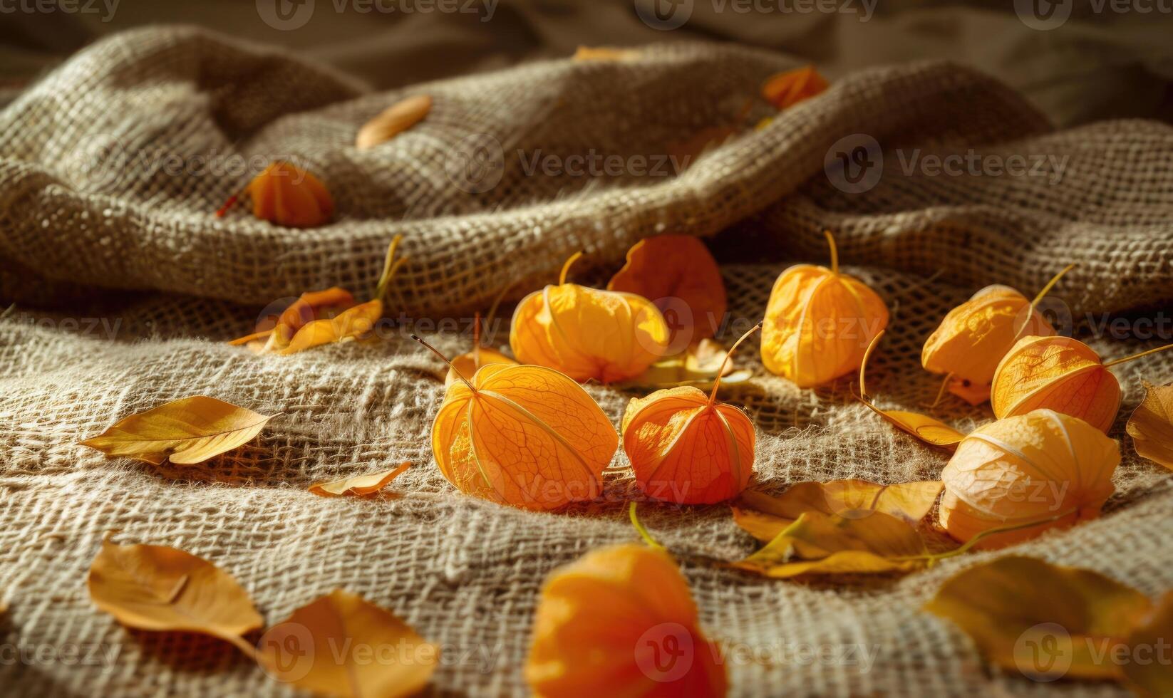 Physalis scattered on a burlap fabric, with autumn leaves photo