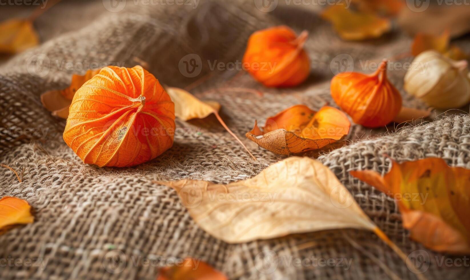Physalis scattered on a burlap fabric, with autumn leaves photo