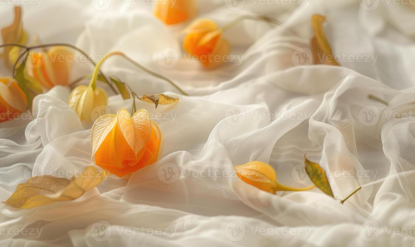 Physalis on a white fabric, with scattered leaves photo