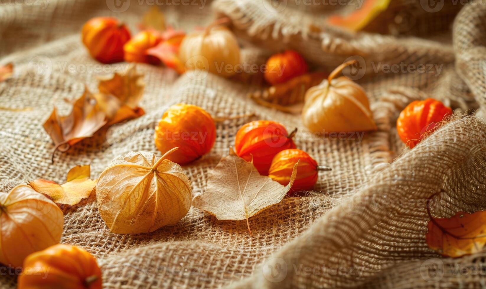 Physalis scattered on a burlap fabric, with autumn leaves photo