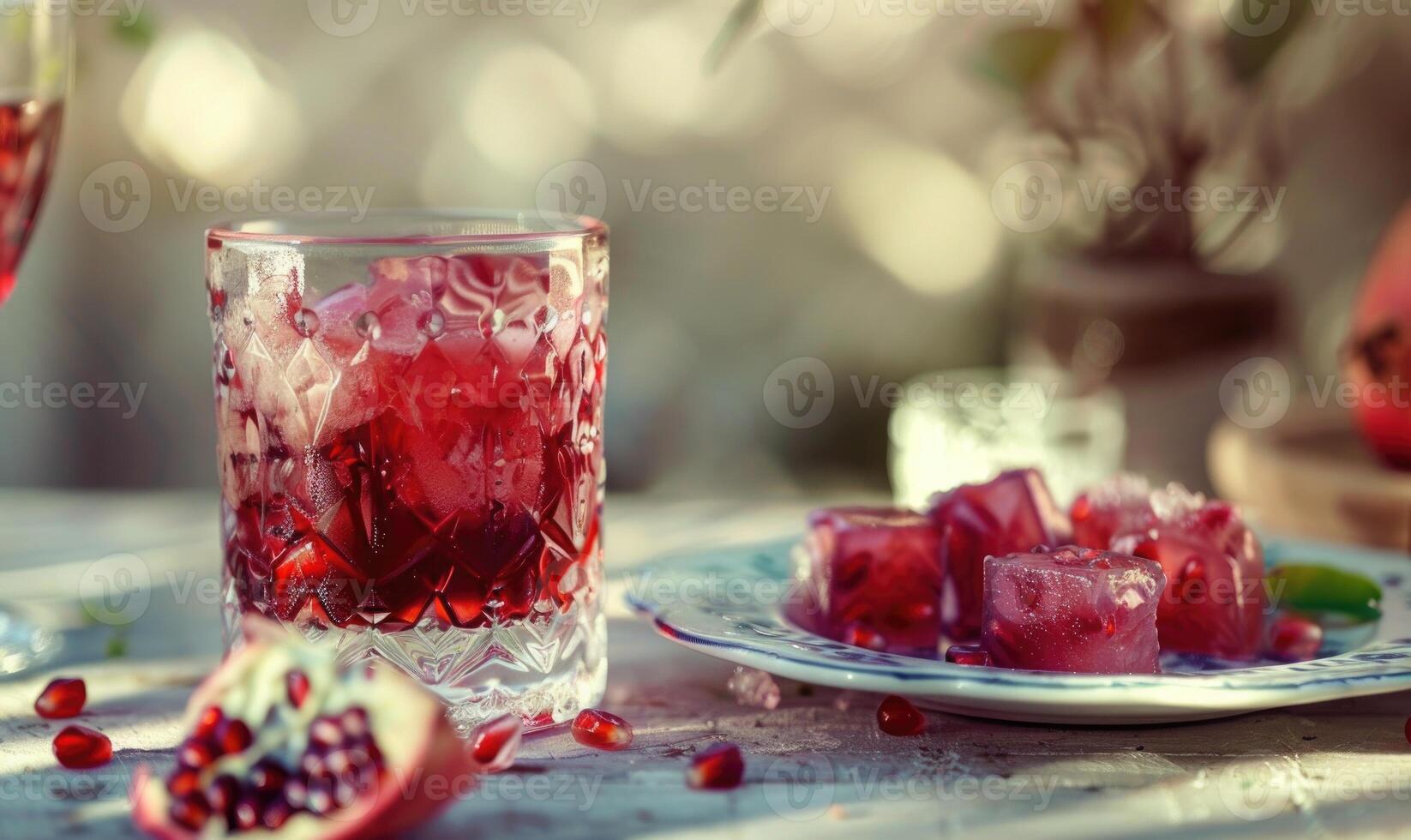 Pomegranate juice in a glass and pomegranate seeds photo