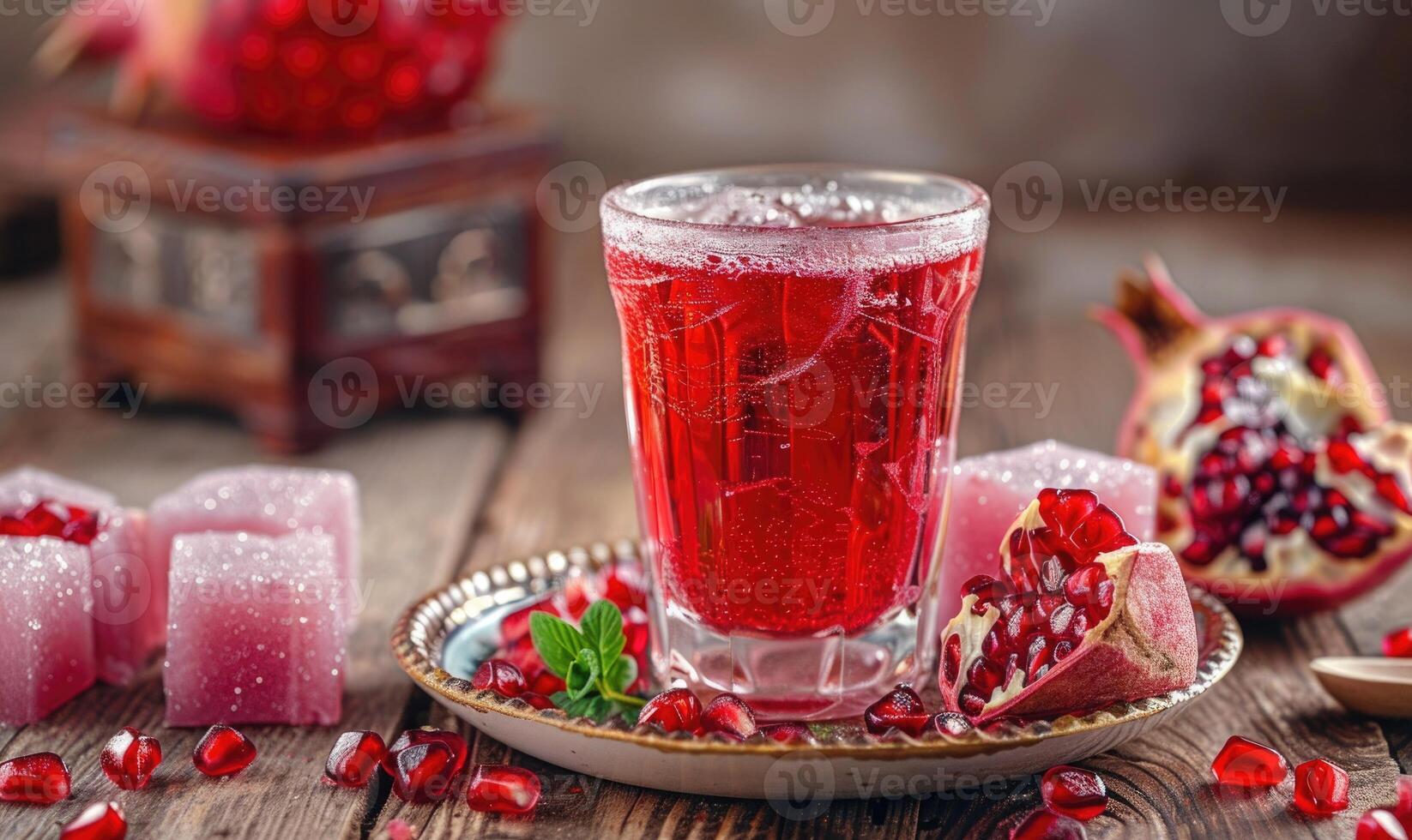 Pomegranate juice in a glass and pomegranate seeds photo