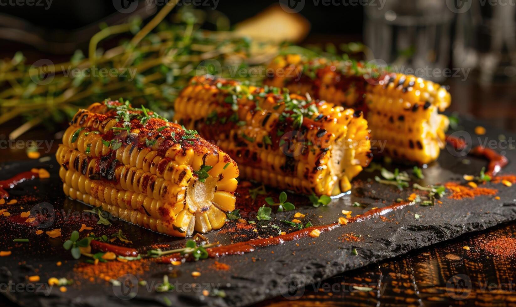 Roasted corn on the cob with a light cha photo