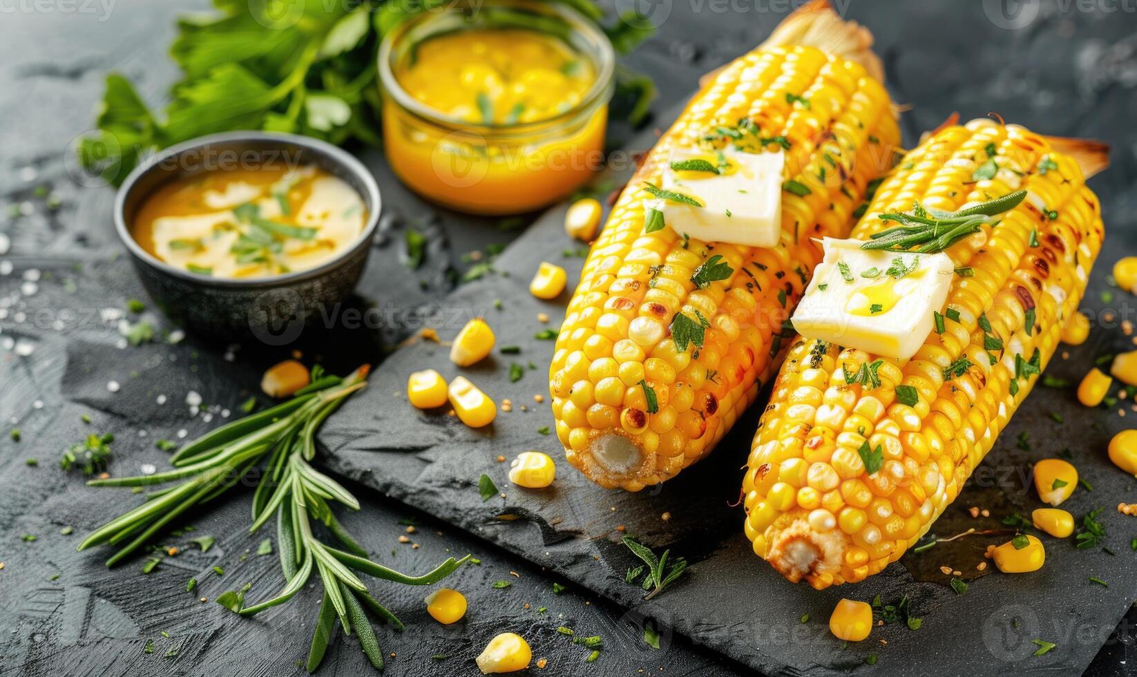 Roasted corn on the cob with a light cha photo